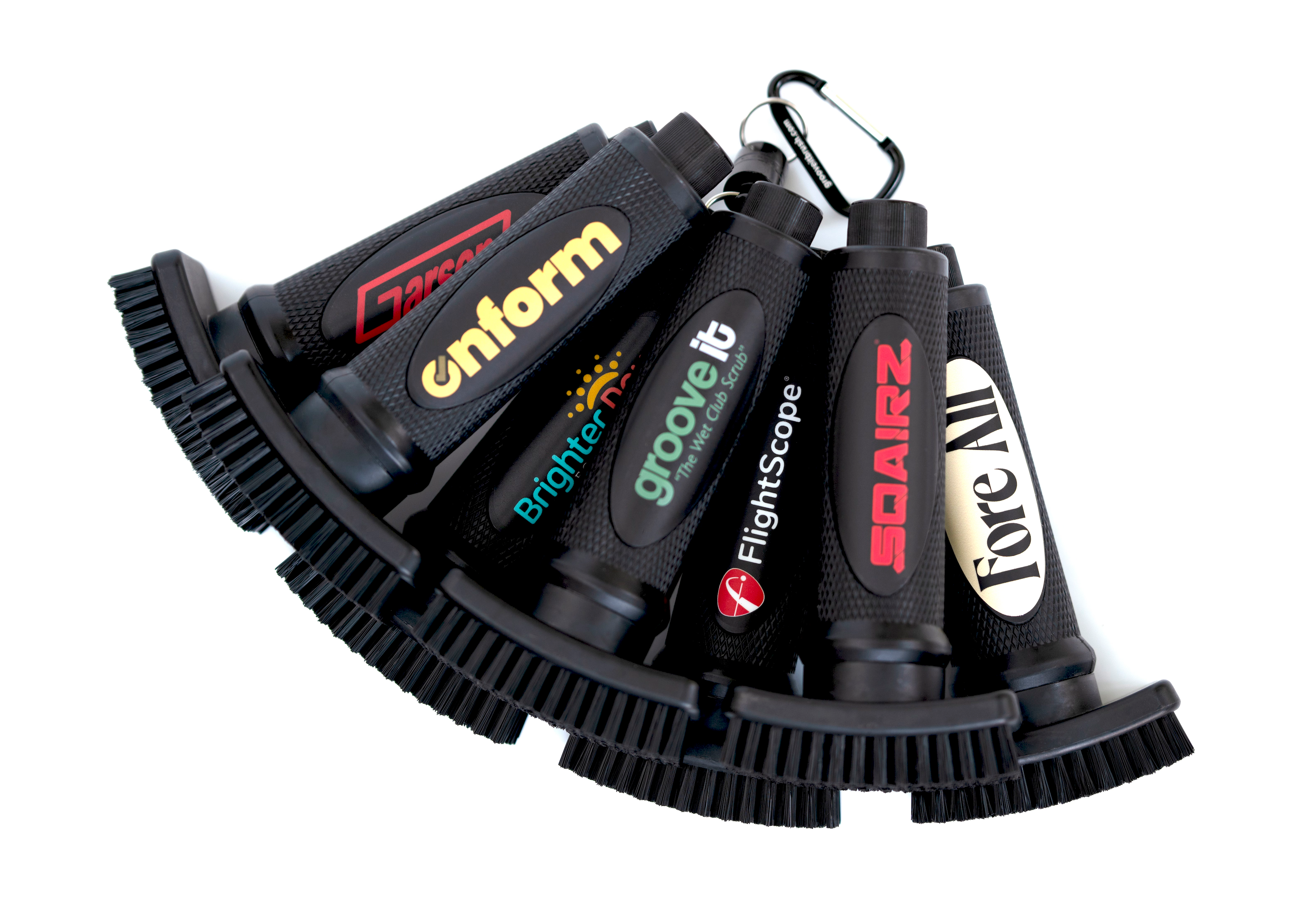 Custom Grooveit golf brushes featuring branded logos from Inform, FlightScope, Brighter, Sqairz, Fore All, and others.