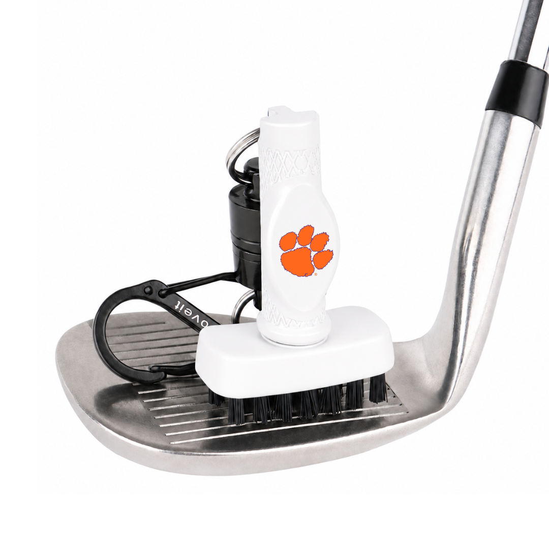Clemson Tigers golf brush – officially licensed NCAA white A-380 aluminum miniG dry brush with Tiger Paw logo in orange and regalia