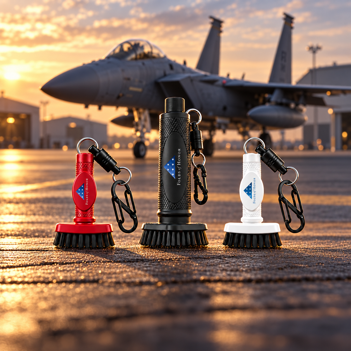 Folds of Honor x Grooveit brushes in red, black and white on a runway in front of a fighter jet