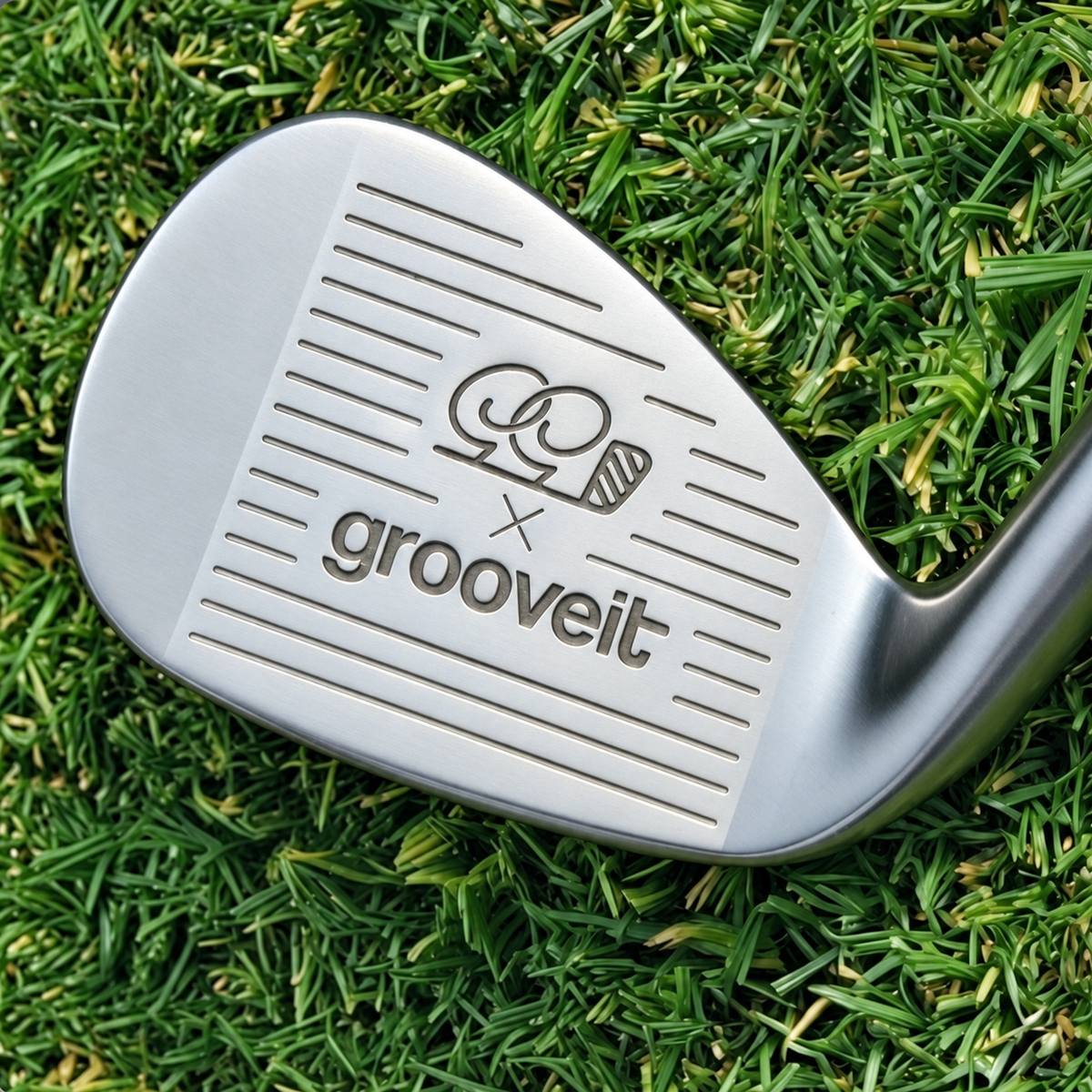 Good Good x Grooveit logos engraved on a wedge clubface on grass