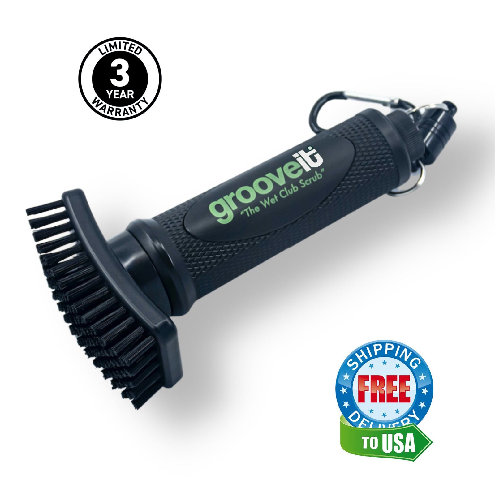 Grooveit “The Wet Club Scrub” golf brush with magnetic clip, shown with 3-year warranty badge and free USA shipping icon on white background.