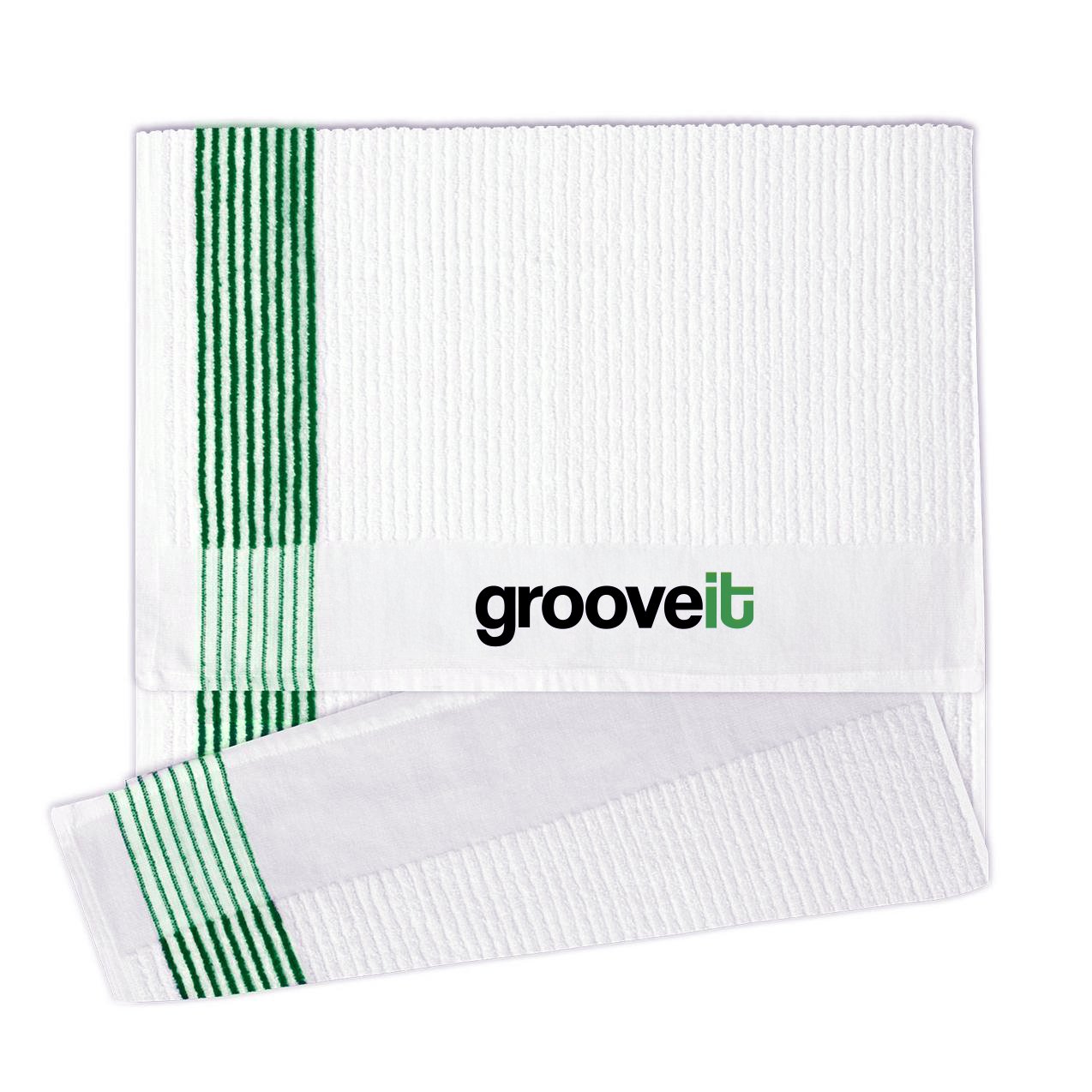 Grooveit Caddie Golf Towel with green stripes and logo, 22" x 44" ribbed terry fabric designed for heavy-duty moisture absorption and on-course use.